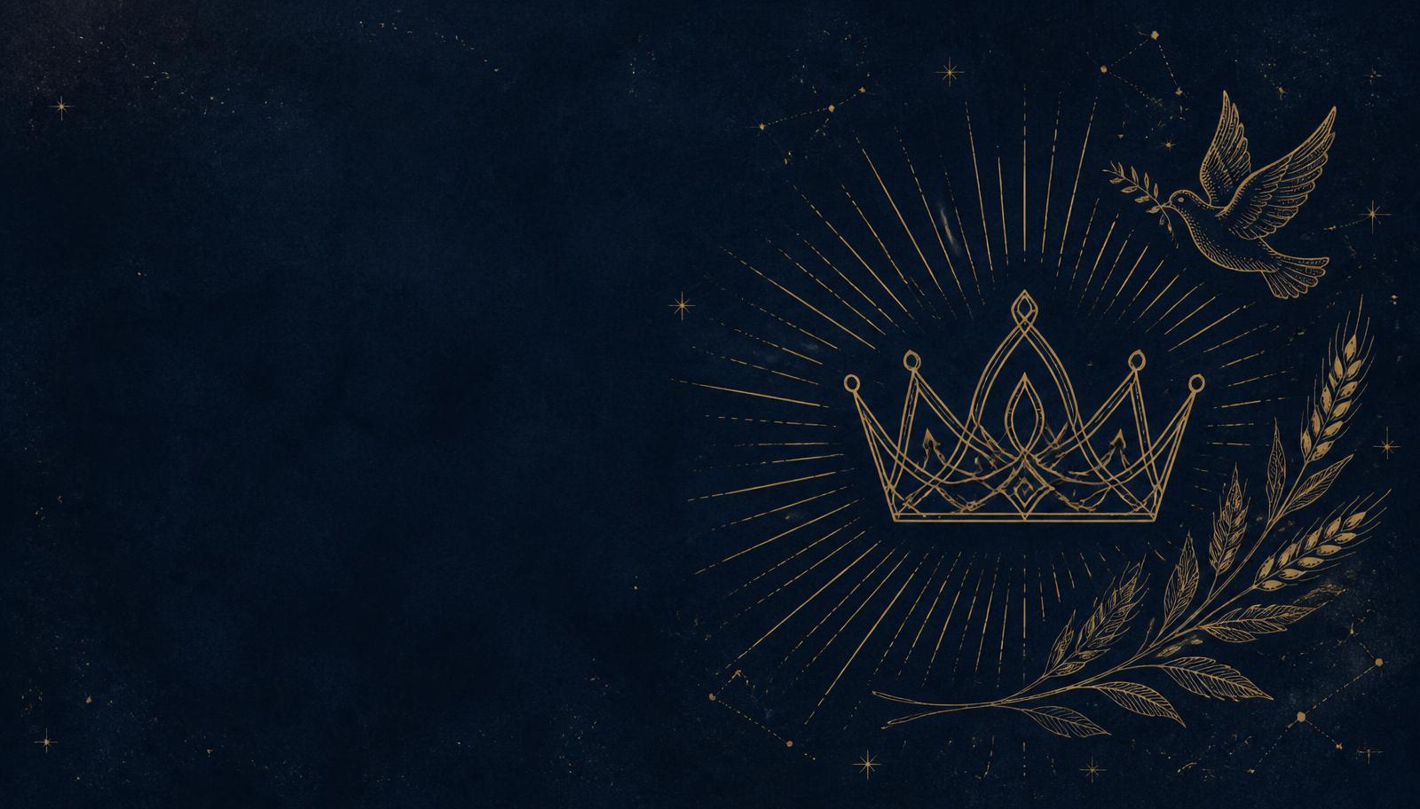 Illustrated crown with rays of light, a dove and wheat sprigs